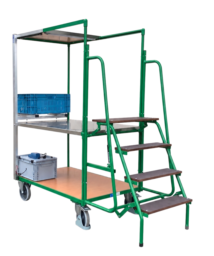 Hoog model keurwagen met trap, verlichting, stroomvoorziening en in de kleur groen